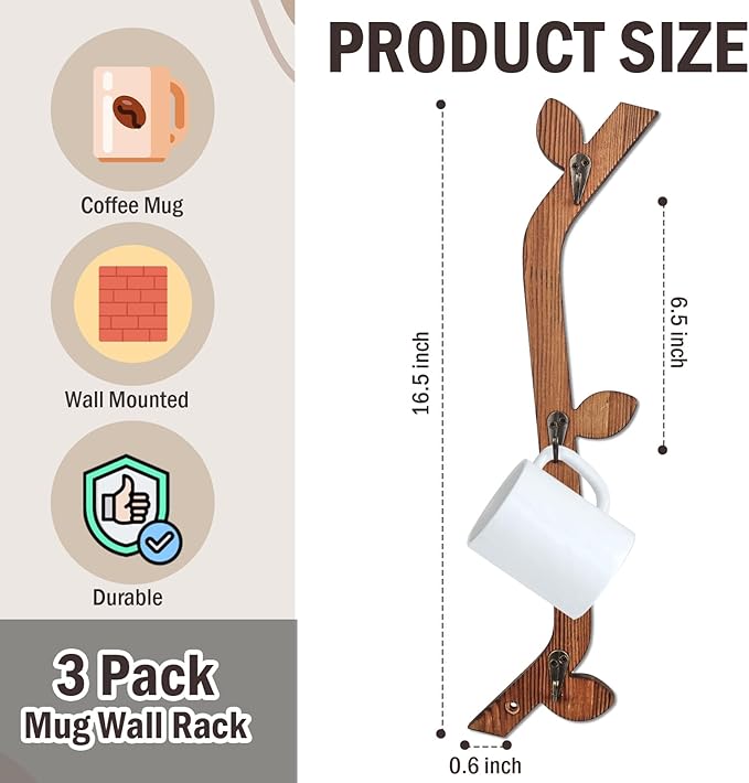 3 Pack Wood Coffee Mug Wall Rack with 9 Hooks Wall Mount Coffee Cup Holder Wooden Espresso Cup Holder Tree Brown Mug Stand Display Wall Mounted Cup Drying Rack for Kitchen Cafe