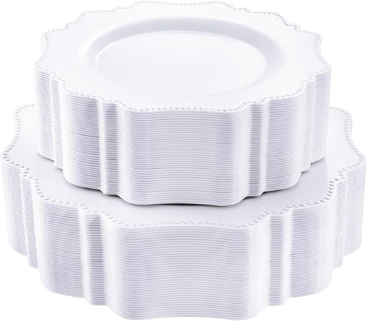COLOSUS 100 pcs White Plastic Plates Set,Fancy Beaded Plates-European Retro plates include 50 dinner plates and 50 dessert plates,Plastic Disposable plates for BBQ and Party