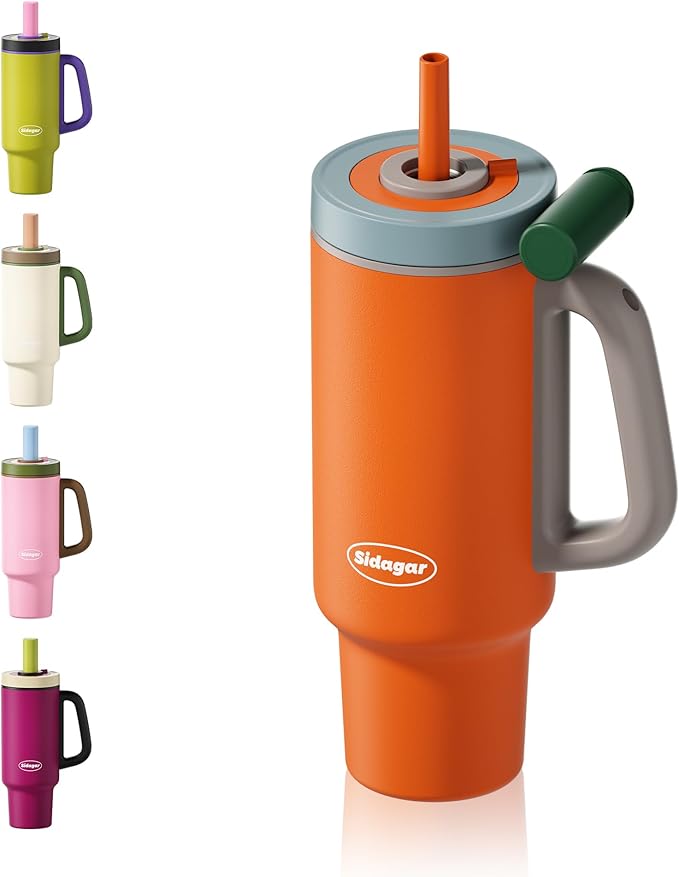 Tumbler with Handle,36 oz Ceramic Lined Travel Mug Water Bottle with Straw,Vacuum Insulated Stainless Steel Cup with Lid,Fits Cup Holder, Leak Resistant Press-in Lid,Orange