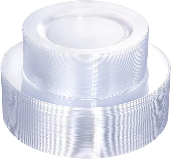 FLOWERCAT 100PCS Clear Plastic Plates - Heavy Duty Clear Disposable Plates for Fall Party/Wedding/Christmas - Include 10inch & 7inch Dinner/Dessert Plates for 50guests