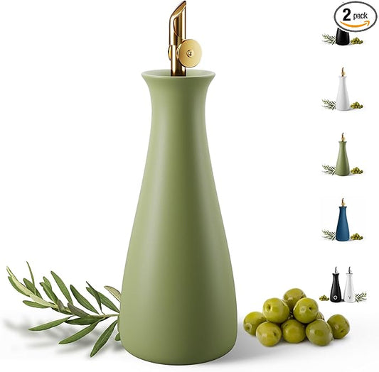 Ceramic Olive Oil Dispenser with Self-Closing Gold Spout - 530 ML Capacity Matte Green Ceramic Oil Dispenser for Kitchen - Leak Proof EVOO Dispensing Bottle - Stylish, Ergonomic, Durable, Easy Pour