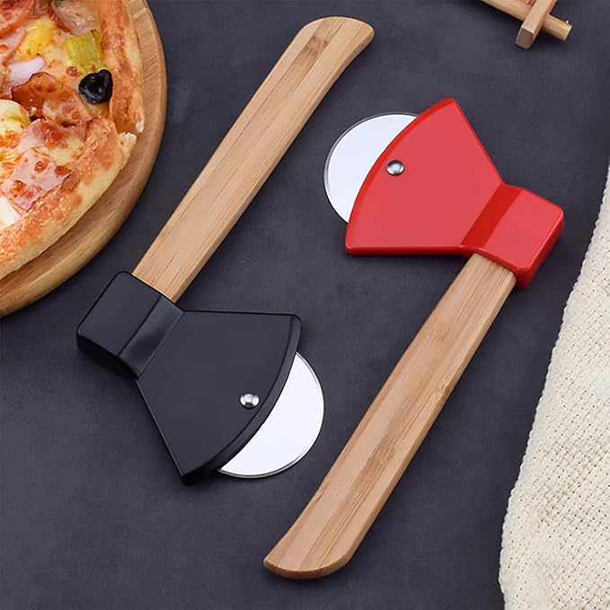 2Pcs Pizza Cutter Wheel, Axe Shaped Stainless Steel Pizza Knife With Bamboo Handles and Sharp Rotating Blades, Pizza Slicer Rolling Cutter for Pies, Cookies, Bread, Cakes (Black & Red)