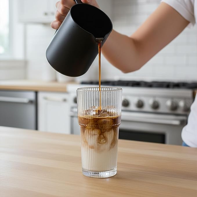 Set of 6 Oversize Ribbed Glassware, 20oz Vintage Clear Glass Tumbler, Large capacity, Origami Style, Fluted Design, Ideal for Water, Iced Coffee, Beer, Tea, Latte, Housewarming Gift (Large)