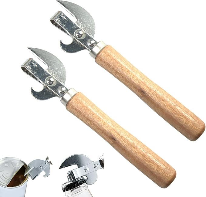 2PCS Manual Can Opener, Stainless Steel Bottle Opener Manual with Wooden Handle, Easy Open Multifunctional Side Cut Traditional Stab Can & Tin Opener for Kitchen Camping Traveling