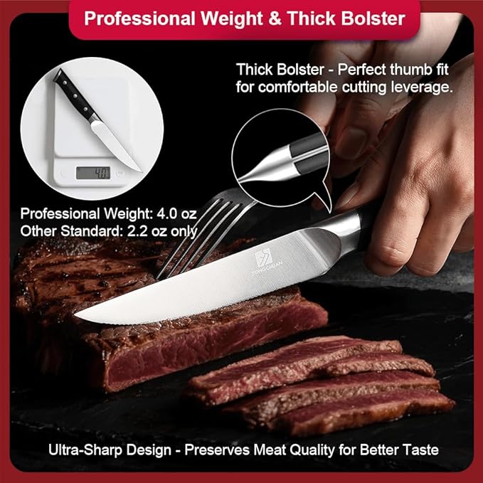 Medium Steak Knives Set of 8, 4.5 Inch High-Carbon Stainless Steel Serrated Steak Knife,Ergonomic Black Handles,Razor-Sharp, Dishwasher Safe, Rust-Resistant & Durable,Full Tang With Excellent Gift