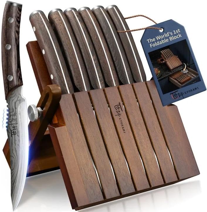 SYOKAMI 2026 Upgrade Steak Knives Set of 6 with Acacia Wood Foldable Block