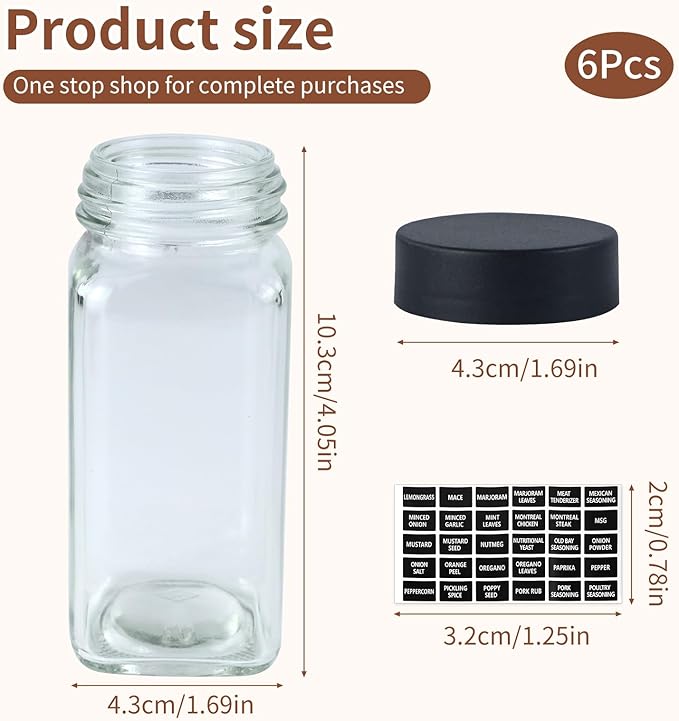 6 Spice Jars with Labels,4oz Empty Glass Spice Containers with Shaker Lids,Square Seasoning Bottles for Spice Rack, Drawer, Cabinet (6)