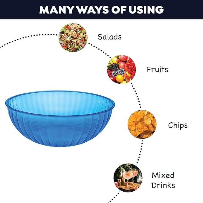 Party Essentials Hard Plastic 192 OZ./6 QT/1.5 Gallon Large Serving Bowls For Punch/Salad/Snack/Treat/Fruit, 3-Count, Neon Blue