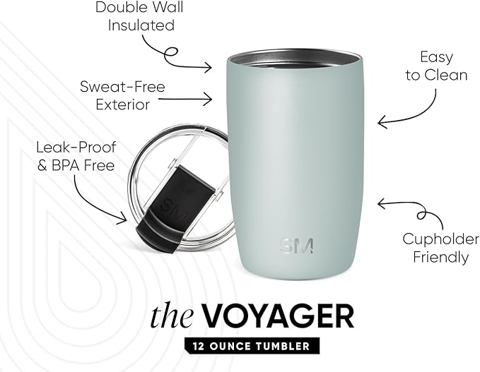 Simple Modern Voyager Tumbler with Flip Lid | Travel Coffee Mug | Insulated Stainless Steel Cold Brew Iced or Hot Coffee Cup | Gifts for Women Men Her Him | 12oz, Sea Glass Sage