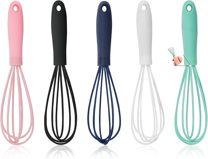 5 Pcs Silicone Mini Whisk - Stainless Steel Dough Whisk, Non Stick Hand Tiny Balloon Wire Whisk, Milk Egg Frother for Blending, Whisking, Beating, Stirring, Baking