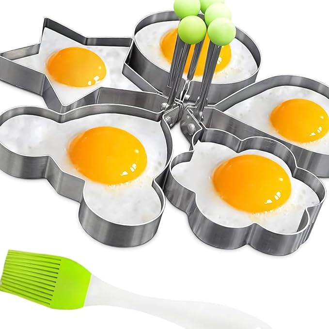 Egg Pancake Rings,5pcs Fried Egg Molds in Star, Round, Heart Different Shaped,Stainless Steel Omelette Frying Cooking Tools Kitchen Accessories Gadget Rings,with a Silicone Pastry Brush,Set of 5