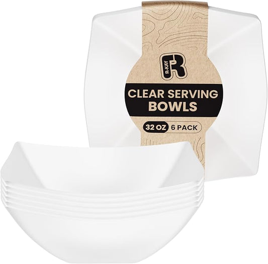 R-kay 6 Pack Square Plastic Serving Bowls - White Plastic bowls 32 Oz - White Salad Bowls Large Serving, Premium Heavy Duty For Weddings Catering And Birthday parties