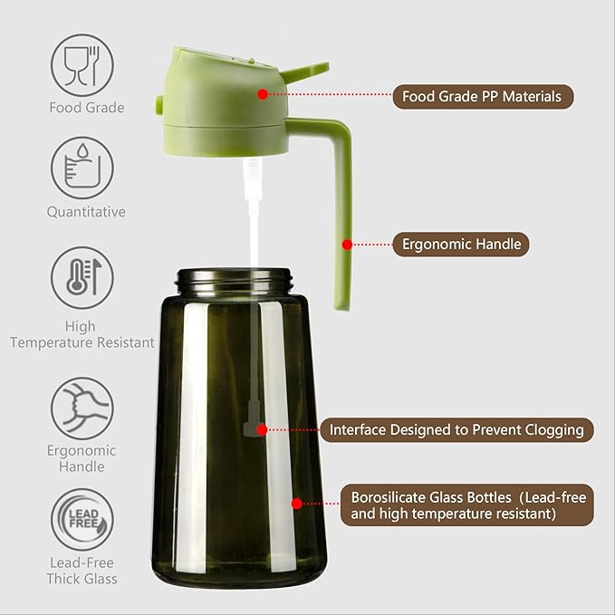 2PCS Olive Oil Dispenser and Oil Sprayer – 16oz/470ml Glass Light-Proof Oil Pourer for Kitchen Air Fryer, Cooking, Salad, and BBQ, with Stickers