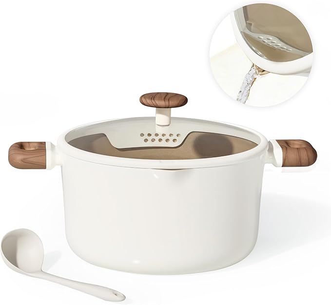 CAROTE Stock Pot with Lid, 7Quart Ceramic Soup Pot Non Toxic, Nonstick Cooking Pot for Pasta, Induction Ready, Even Heating, Dishwasher Safe, White