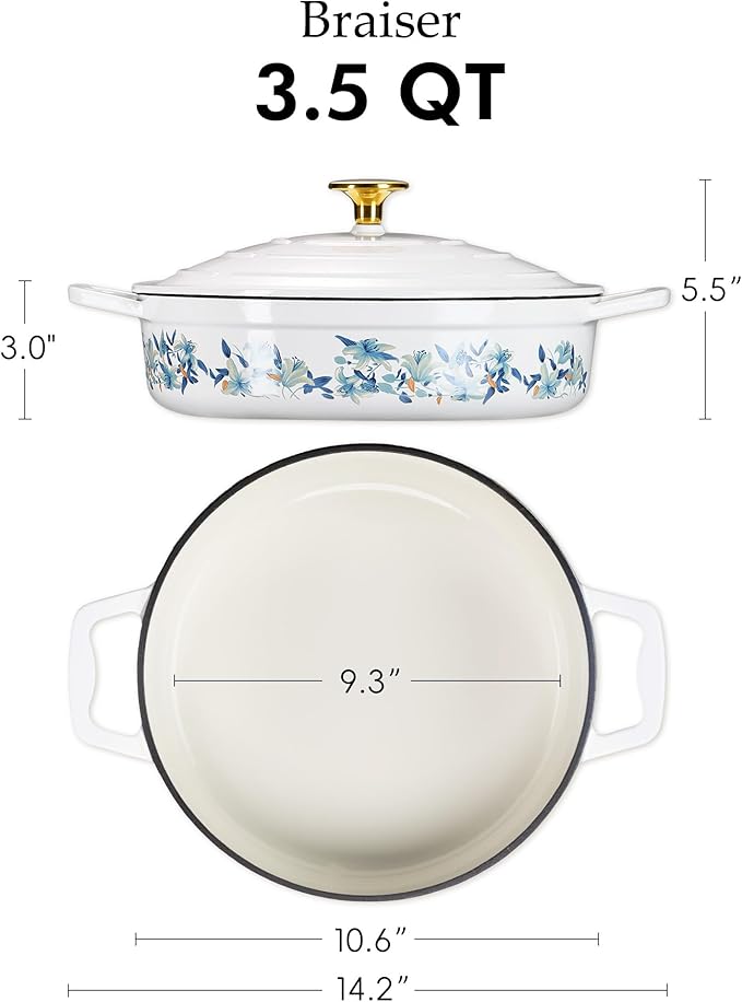 CAROTE 3.5QT Shallow Dutch Oven, Enameled Flora Cast Iron Braiser Pan Casserole Skillets with Lid, Versatile Heavy-Duty Cookware for Sourdough Bread Baking, Braising, Stews, Roasting, All Stovetop Compatible, Oven Safe up to 500° F, White & Blue