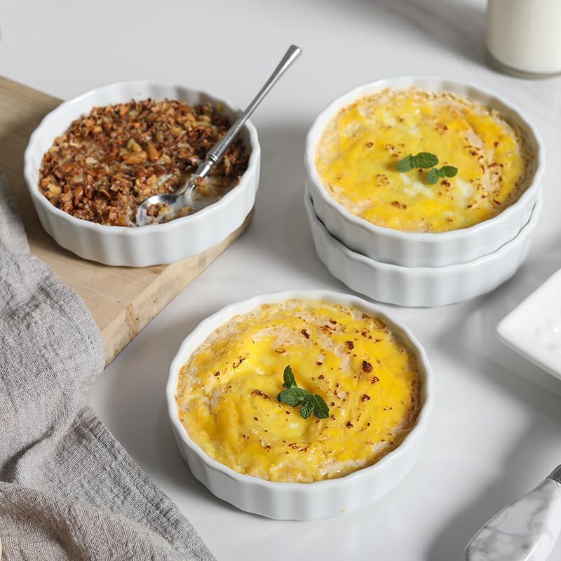 6 Oz Creme Brulee Dishes, Creme Brulee Ramekins Set of 6, Ceramic Brulee Souffles Dishes, Wave Round Ramekins Pie Pan, White Baking Dish for Dessert, Tart, Appetizers, Oven Dishwasher Safe