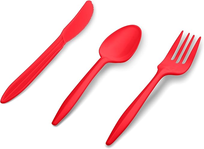 1000 Count Red Silverware Set, 334 Forks, 333 Spoons, 333 Knives, Medium Weight BPA Free Disposable Plastic Cutlery Set, Bulk Combo Pack Flatware Set for Party Supplies