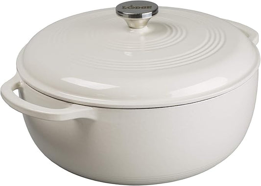 Lodge Essential Enamel Cast Iron Dutch Oven with Lid - Induction- Oven-Safe Enamel Cookware up to 500° F - Heat-Retaining Braising & Roasting Pot - Non-Toxic Cookware - 7.5 Quart, Oyster White