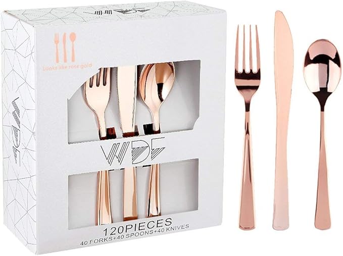 WDF 120 Pieces Rose Gold Plastic Silverware- Disposable Flatware Set-Heavyweight Plastic Cutlery- Includes 40 Forks, 40 Spoons, 40 Knives for Baby Shower Wedding Spring Mother's Day Party
