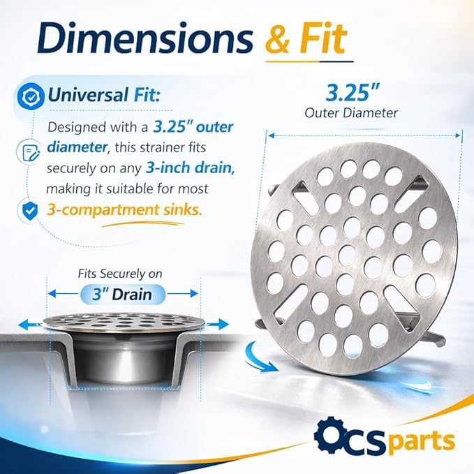 OCS Parts Commercial Kitchen Sink Flat Strainer | Universal Fit 3-Inch Stainless Steel Strainer | Fits Most 3 Tier Compartment Sinks (Single)
