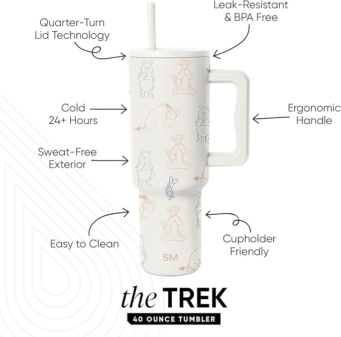 Simple Modern Disney 40 oz Trek Tumbler with Handle and Straw Lid | Cup Holder Friendly Insulated Stainless Steel Travel Mug | Winnie the Pooh Doodles