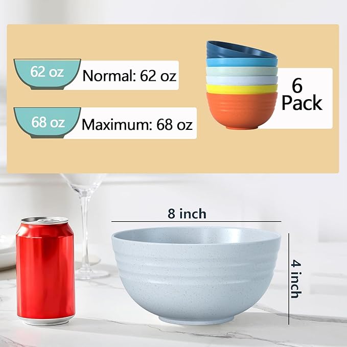 Homestockplus [Set of 6] 68 Oz Salad Bowls Large Serving Bowls Unbreakable Ramen Bowl for Salad, Soup, Ramen, Noodle, Oatmeal, Snack Apply to Kitchen, Freezer,Dishwasher & Microwave Safe