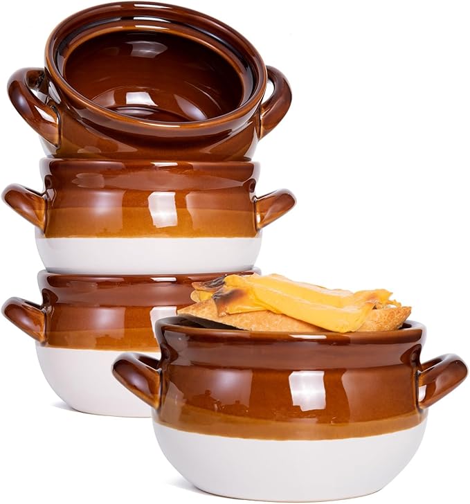 French Onion Soup Bowls with Handles, 28 oz Ceramic Soup Crocks Oven Proof Soup Bowls for Chilli, Cereal, Pot Pies - French Onion Soup Crocks, Oven, Broil & Dishwasher Safe, Set of 4