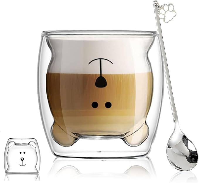 Cute Mugs Double Wall Glass Coffee Glass Cup Kawaii Bear Tea Milk Cup Funny Mug Animal Mug Aesthetic Cup for Office and Personal Birthday Gift (Happy bear)