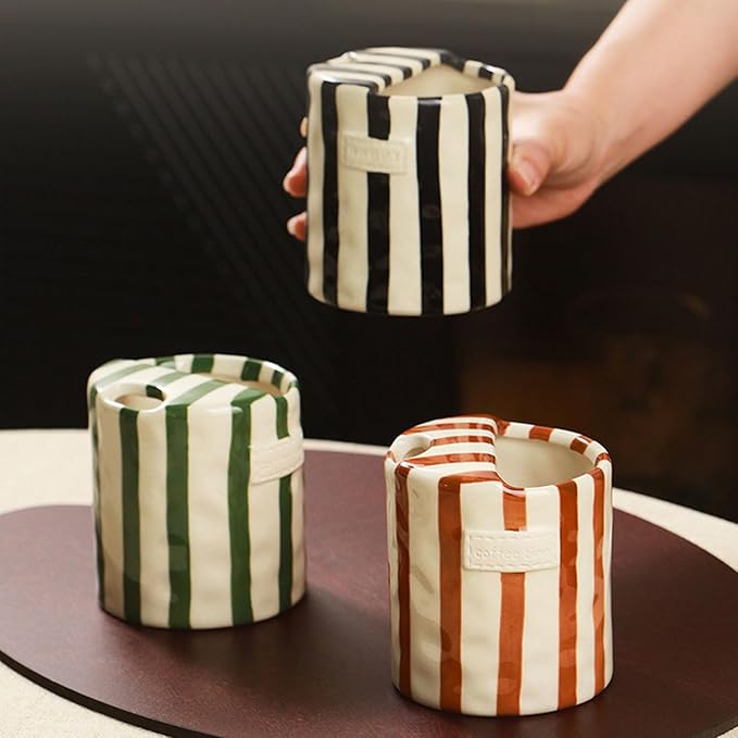 Ceramic Coffee 10oz Mug Hand-Painted Espresso Cup，Retro Ceramic Travel Mug For Kitchen, Dining-Green，Microwave Safe (Green Stripes)