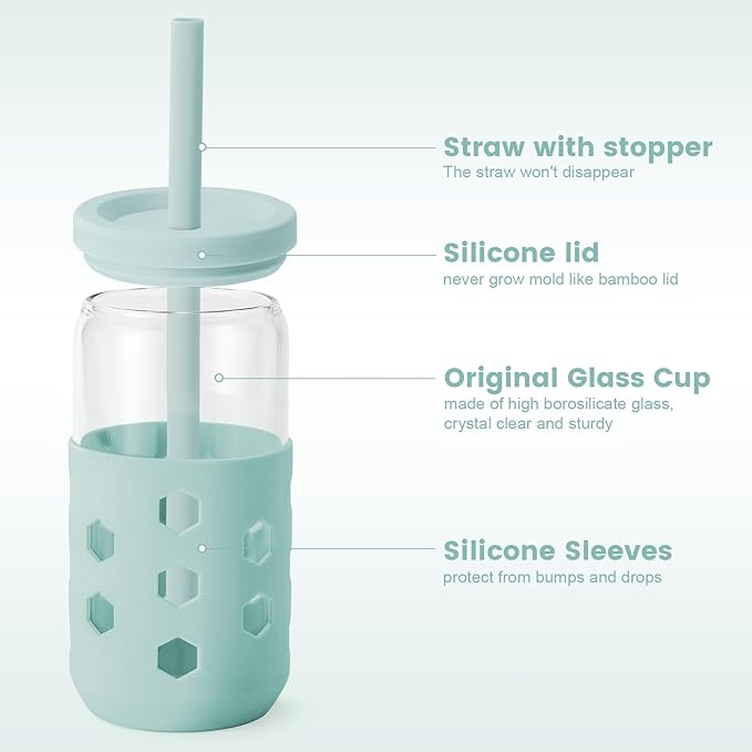 Glass Cups with Lids and Straws 4 Pcs, 16oz Glass Tumbler with Silicone Straw and Sleeve for Coffee Bar Accessory, Drinking Glasses Set Reusable Iced Coffee Cup - Smoothie Cup for Gifts