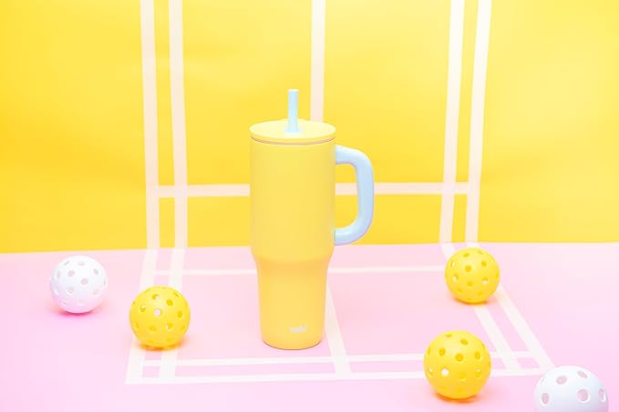 Zak Designs Sutton Travel Tumbler for On the Go, 40oz Stainless Steel with Vacuum Insulation, Silicone Straw, and Carry Handle for Cold Drinks (Sunflower Yellow)