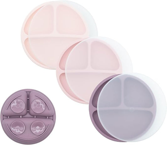 WeeSprout Suction Plates with Lids for Babies & Toddlers, 100% Silicone Dinnerware Stays Put, Divided Design for Picky Eaters, Microwave & Dishwasher Friendly, 3 Pack (Matte Pink, Purple, Blush Pink)