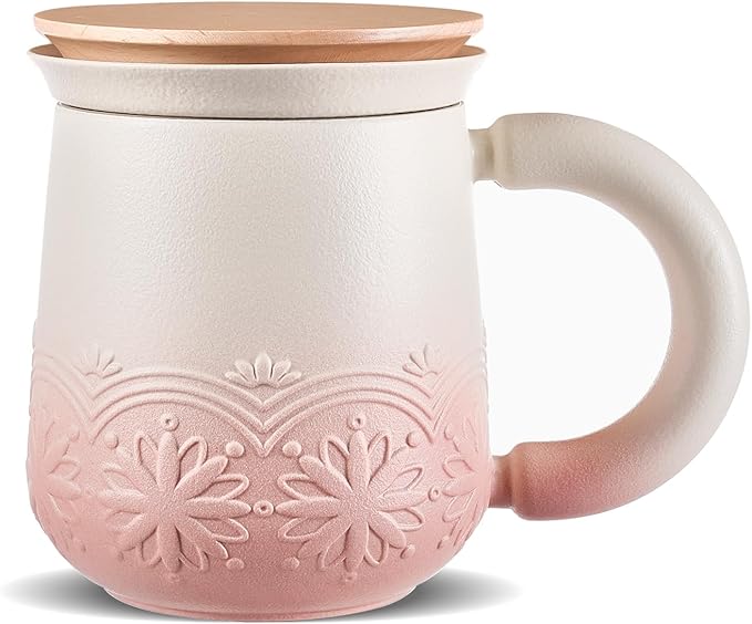 ZENS Tea Cup with Infuser and Lid for Loose Leaf Steeping, 11oz Embossed Ceramic Tea Infuser Mug, Wood Lid Tea Diffuser for Black Tea Lovers Gifts, Pale Pink