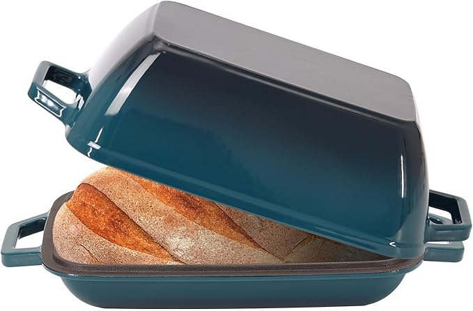 Oval Cast Iron Dutch Oven for Bread Baking 12x8 Inch Enameled Bread Pan with Lid 6QT Cast Iron Bread Dutch Oven for Sourdough，DarkCyan