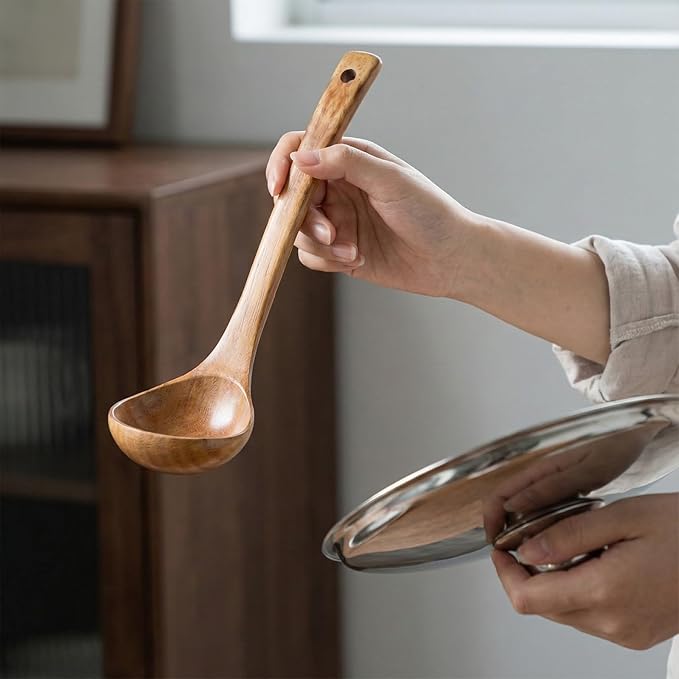 11" Wooden Ladle 2 fl oz Natural Wood Serving Spoon Gravy Soup Ladle Long Handle Deep Scooper Server Utensil Large Kitchen Wooden Scoop for Cooking Serving