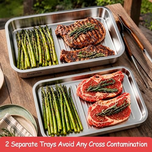 Geesta Grilling Prep and Serve Tays, Stainless Steel Large Capacity Food Prep Tray, Grill Carry System, Marinade Container with Lid and Cutting Board,BBQ Grill Accessories, Grilling Gifts for Men