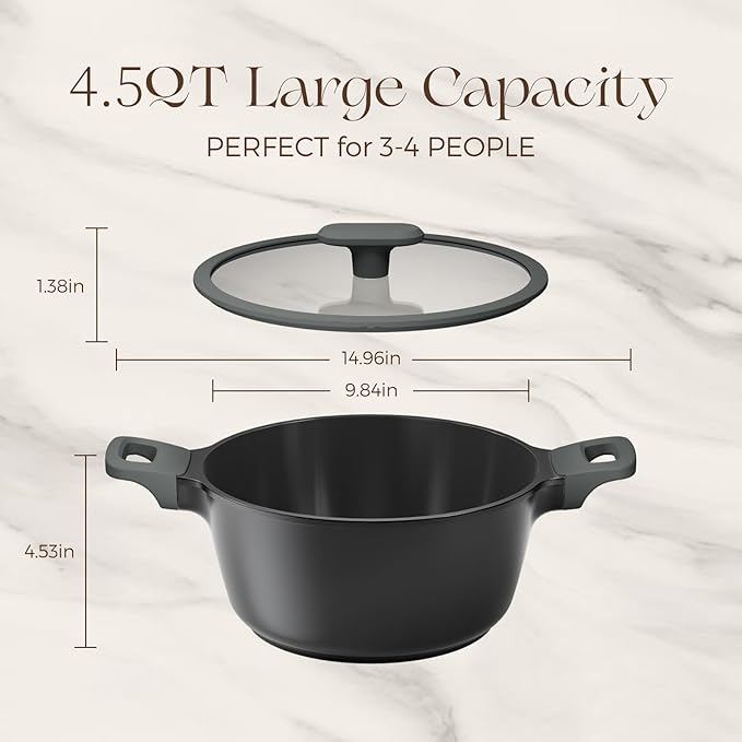 PRICUSIS Nonstick Stock Pot with Silicone Rim Tempered Glass Lid, 4.5/7 QT Soup Pot Casserole, Cooking Pot, Induction Compatible, Dishwasher Safe, Ideal for Pasta & Stews, PTFE PFOA Free, Black Sesame