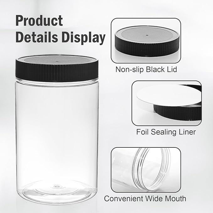 27 Ounce Plastic Jars with Lids, 6 Pack Food Storage Containers Airtight, Clear Containers for Organizing