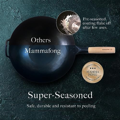 Large Flat Bottom 16-inch Traditional Carbon Steel Wok Pan - Authentic Hand Hammered Woks and Stir Fry Pans - Pow Wok with no chemical coating