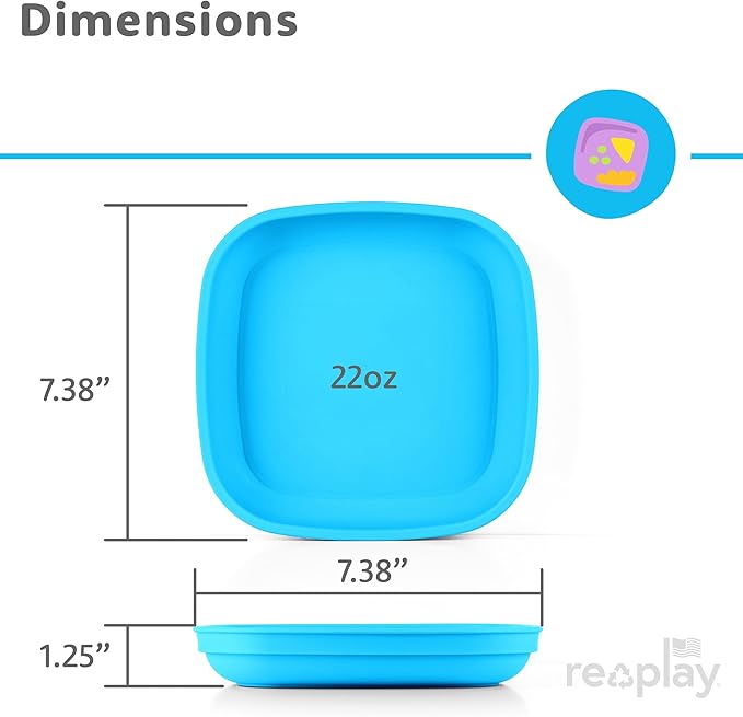 Re-Play Toddler Plates - 22 Oz. Deep-Walled Flat Kids Plates - Dishwasher & Microwave Safe - Made in USA - Set of 3-7.37" x 7.37" x 1.25" - Modern Blue