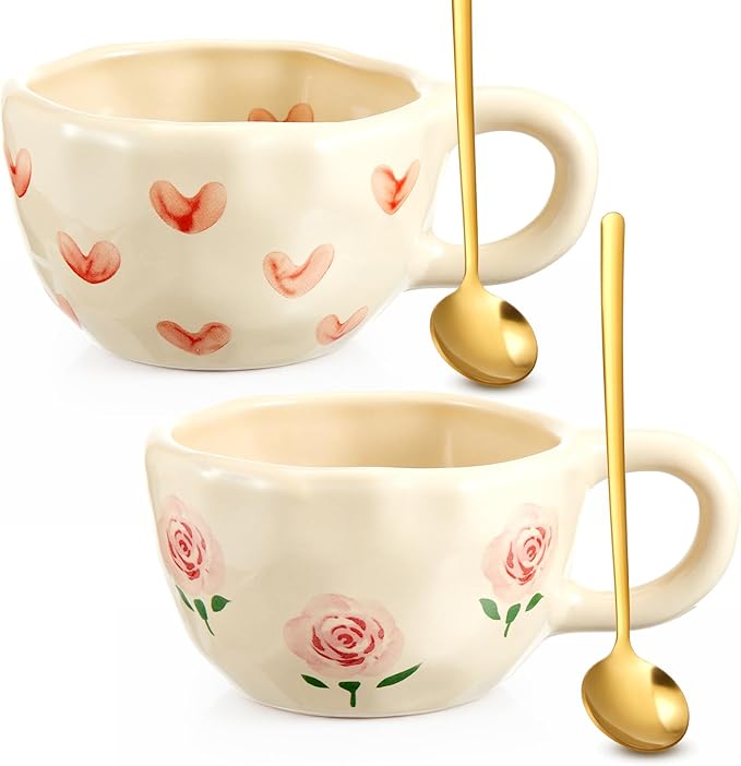 Vesici 2 Pcs Ceramic Coffee Mugs with Spoon, Vintage Floral Spring Mugs with Handle, 8.5 oz Aesthetic Flower Porcelain Tea Cup Set, Dishwasher & Microwave Safe for Home Office Gift(Heart,Rose)