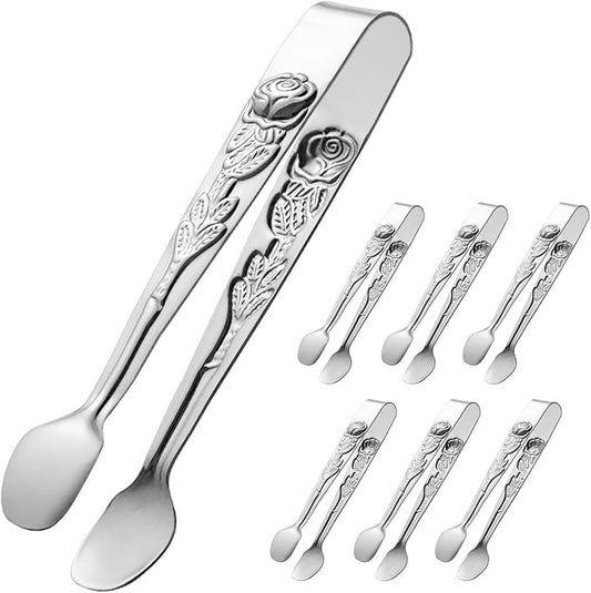 6PCS Mini Serving Tongs 5-Inch Small Sugar Tongs, Tiny Stainless Steel Kitchen Tong for Appetizers, Tea Party, Coffee Bar, Desserts (Silver)