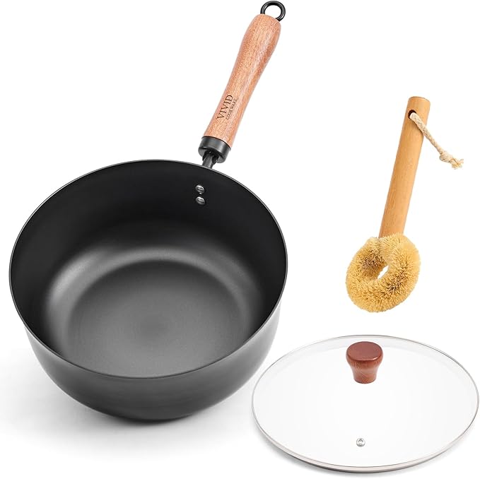 Carbon Steel Wok Pan 9.8", 4QT Deep Wok with Lid, Flat Bottom Wok Pan with Wooden Handle for Stir Fry, Soup, Braising & Noodles, Uncoated Carbon Steel Pan for Gas, Electric & Induction
