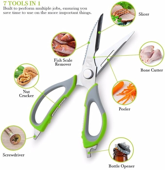 Multifunction Kitchen Food Scissors, Detachable Stainless Steel Heavy Duty Culinary Scissors, 7-in-1 Household Shears with Magnetic Holder, for Cut Poultry Meat Bone Vegetables Fruit Seafood (green)