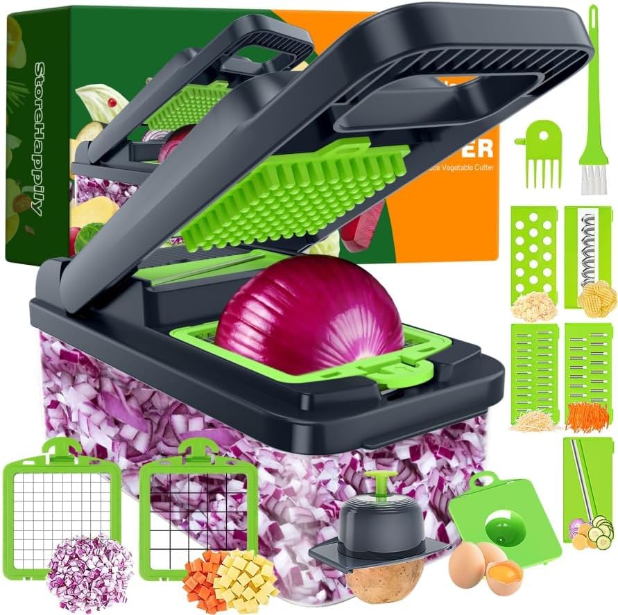 12-in-1 Vegetable Chopper 7 Blades, Veggie Cutter with Handle, Green/Grey