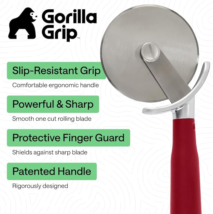 GORILLA GRIP Patented BPA-Free Large Pizza Cutter Wheel, 9 Inch, Extra Sharp Stainless Steel Blade, Slip Resistant Handle with Thumb Guard Protection, Slice Thick or Thin Pizzas, Pie, Pastries, Red