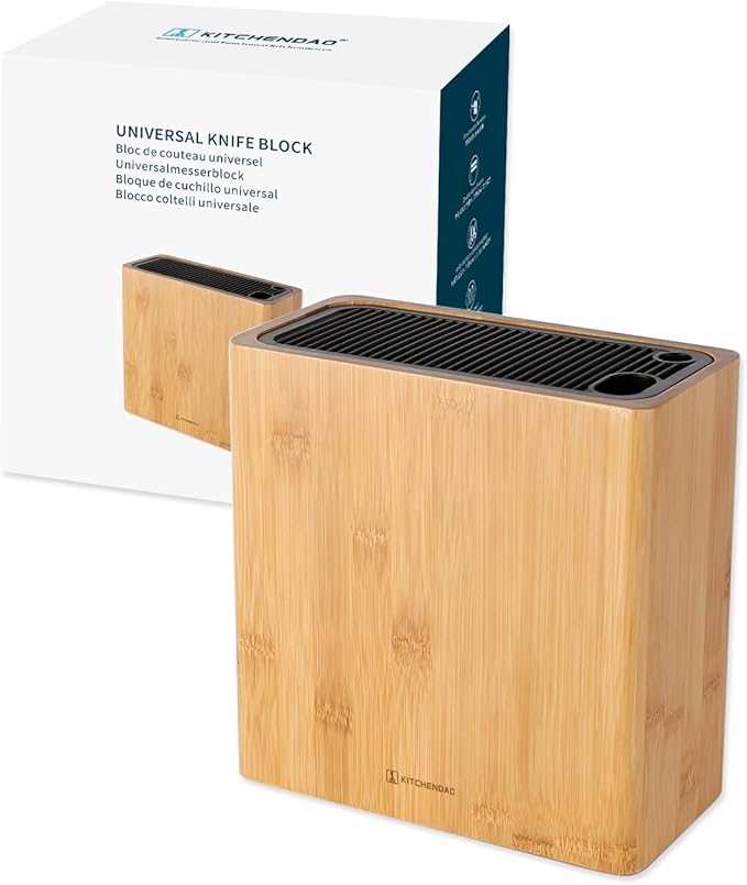 KITCHENDAO XL Bamboo Universal Knife Block Holder with Slots for Scissors and Sharpening Rod, Safe, Space Saver Knives Storage Stand Display without Knives, Unique Slot Design to Protect Blade
