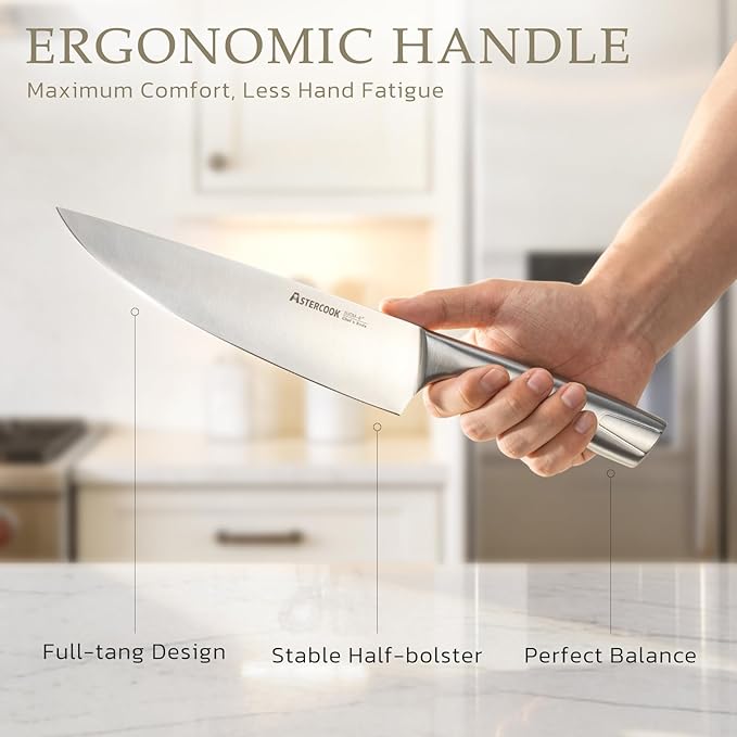 Astercook Knife Set, Kitchen Knives Set with Block and Sharpener Full Tang 15 Pcs Premium Stainless Steel Knives, Dishwasher Safe Knife Set with Anti-slip Ergonomic Handle, Walnut