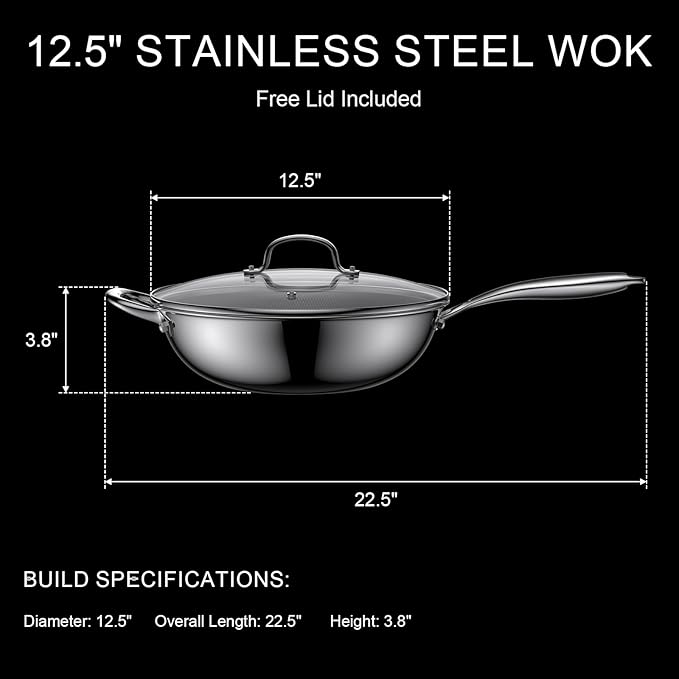 Hybrid Nonstick Wok, 12.5-Inch Stainless Steel Wok with Lid, Laser-Textured Wok Pan, PFOA-Free Woks & Stir-Fry Pans, Oven & Dishwasher safe, Induction Ready, Compatible for Gas Electric Glass Cooktops
