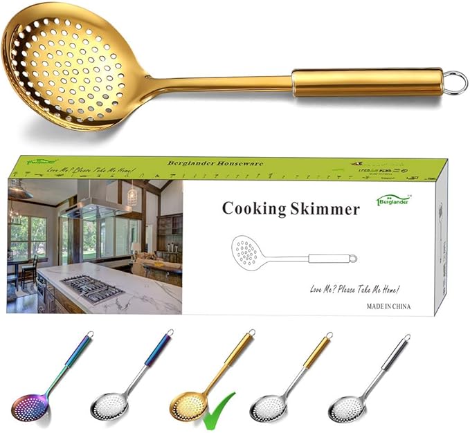 Berglander Skimmer, Stainless Steel Gold Strainer, Golden Cooking With Titanium Plating, Slotted Spoons, Kitchen For Cooking, Strainer Metal Skimmer Spoon (Gold)
